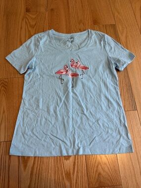 New without tags Coral Bay Light Blue Tee with Pink Flamingo Embroidery